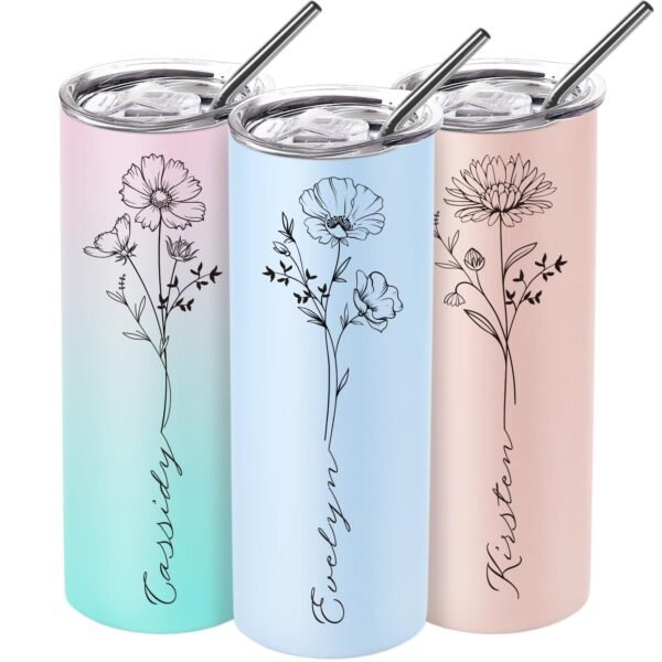 Personalized Skinny Tumblers Cups, Custom 20 oz Tumblers with Birth Flower and Names, Floral Team Bride Cups Bridesmaid Proposal Gifts for Her, Birthdays Gifts for Women, Bridesmaids, Mom, Girlfriend